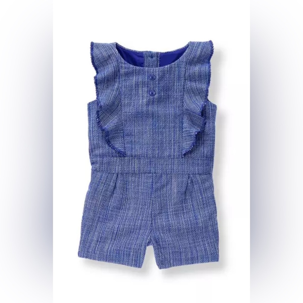 Janie and Jack Bouclé Romper Baby Girls Blue Ruffle Button Size 6-12m